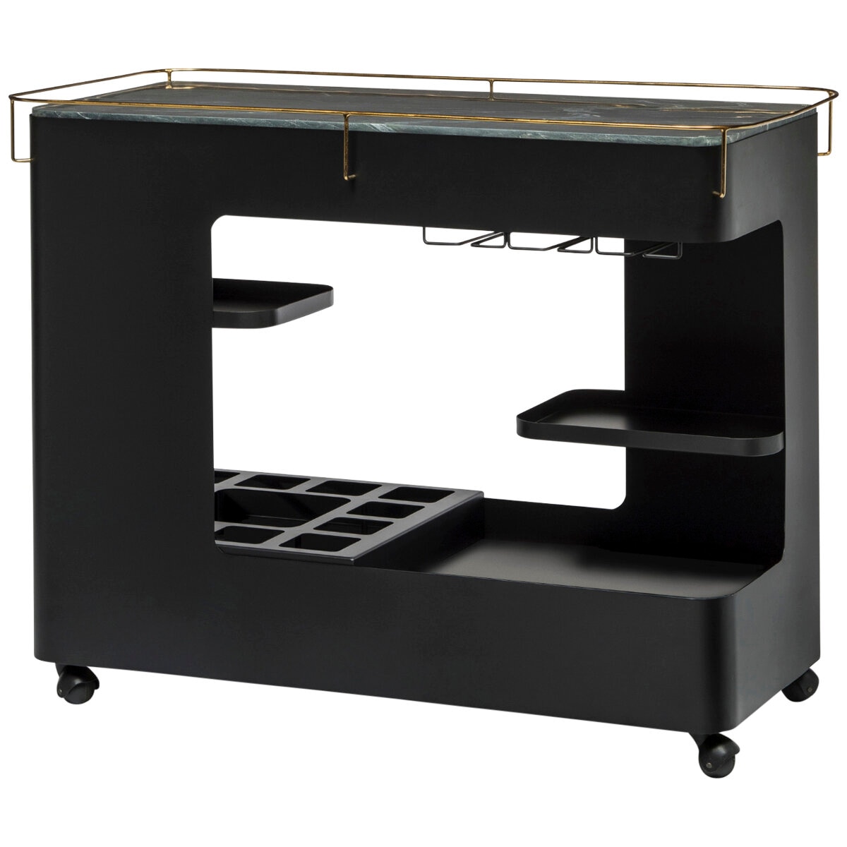 Wine Stash Black & Gold Bar Cart with Marble Top