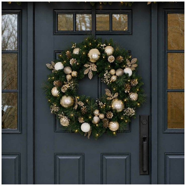 CGH 76.2cm Pre-Lit Decorated Holiday Wreath Metallic