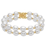14KT Yellow Gold 2-Row 8-9mm Long Shape Freshwater Pearl Diamond-Cut beads Flower Bracelet