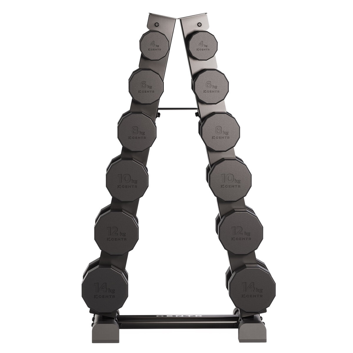 Centr 4 - 14 kg Rubber 12-Sided Dumbbell Set with A-Frame Rack