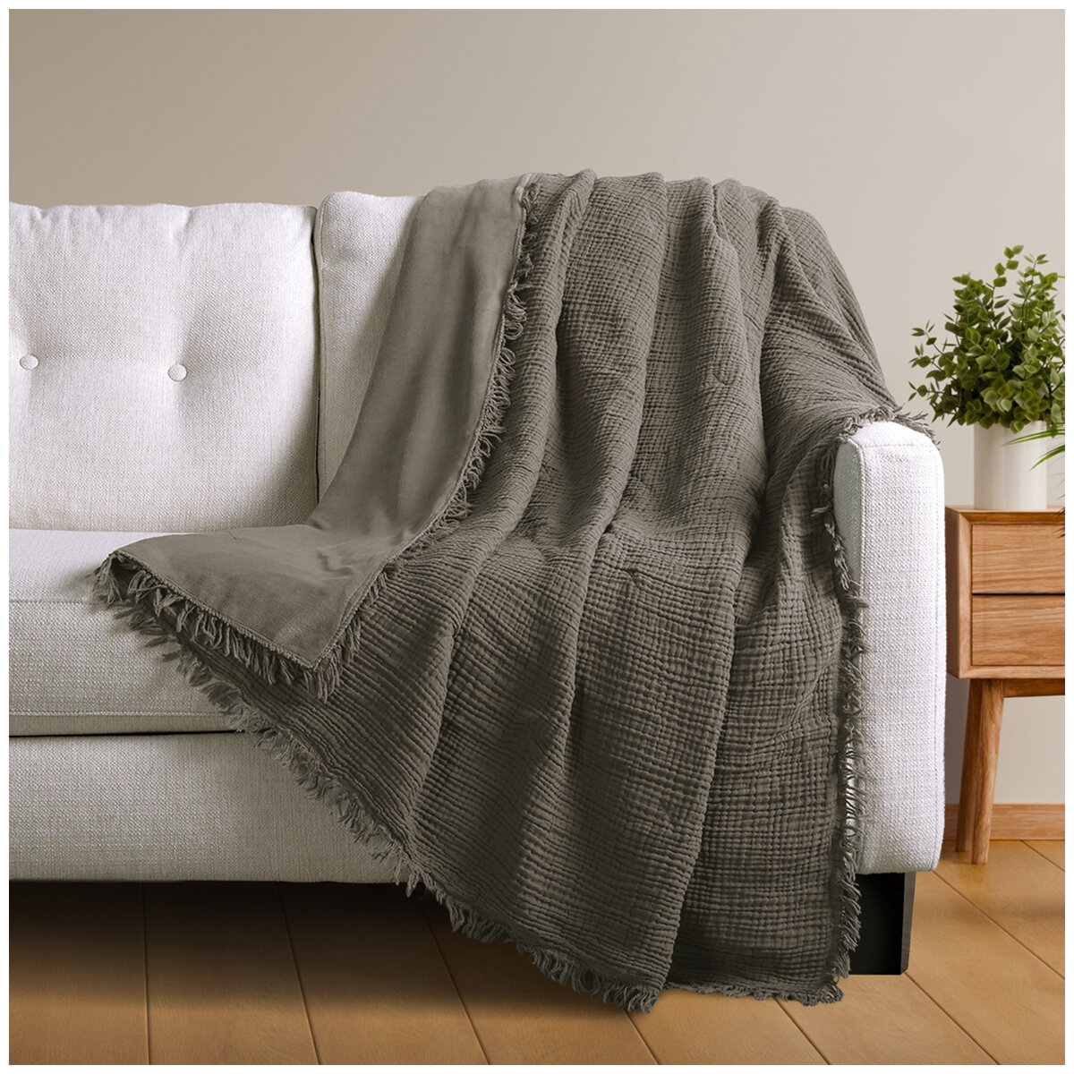 Life Comfort Reversible Cotton to Plush Throw Gray