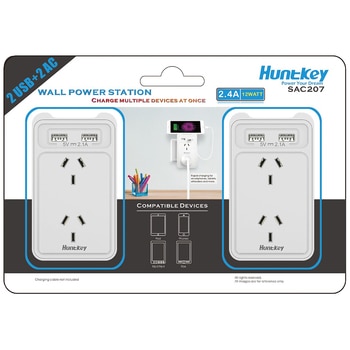 Huntkey Wall Charger with 2AC & 2 USB ports Twin Pack