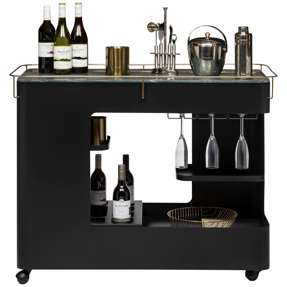 Wine Stash Black & Gold Bar Cart with Marble Top