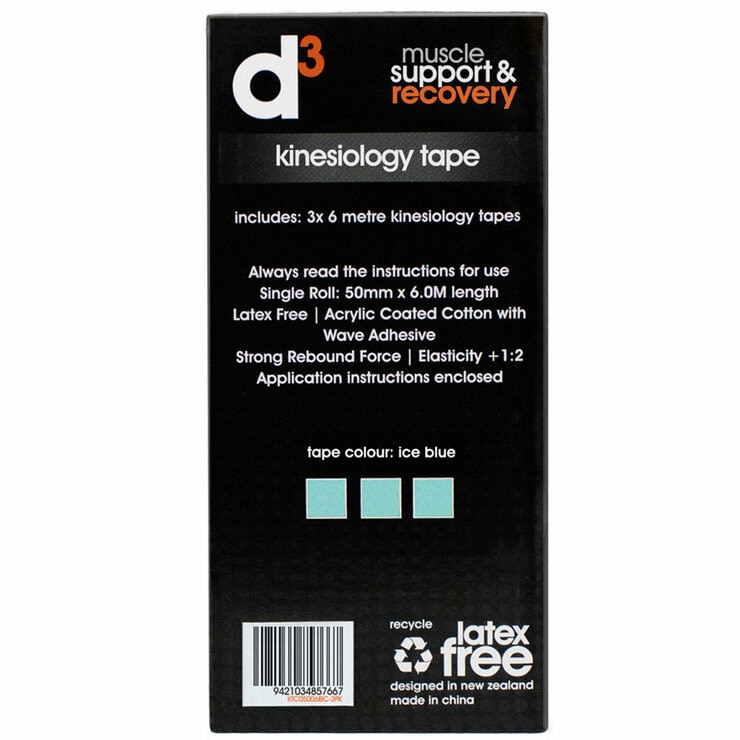 d3 K6.0 Kinesiology Tape 50mm x 6M x 3 Tapes Ice Blue