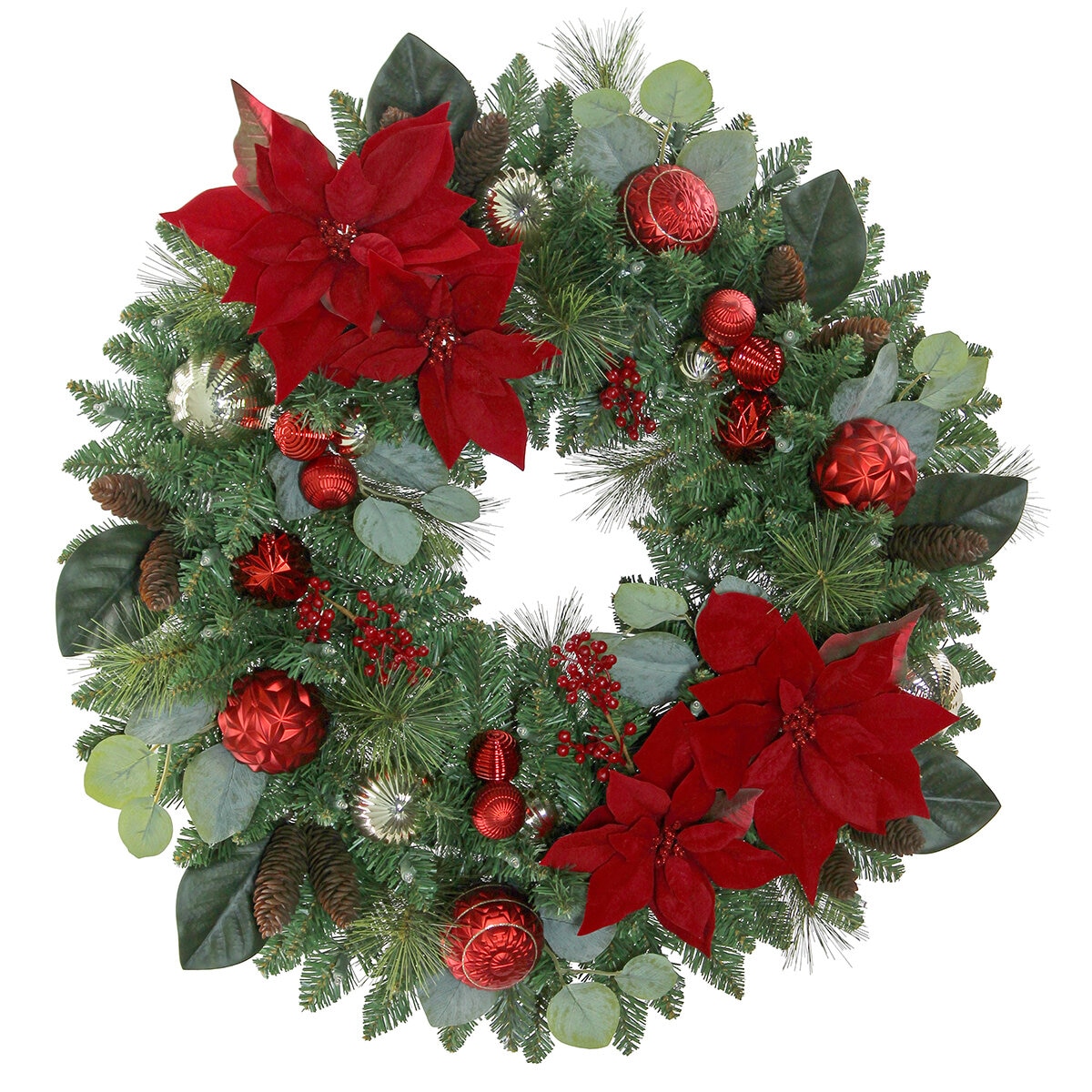 Pre-Lit Decorated Poinsettia Holiday Artificial Wreath 76.2cm Red
