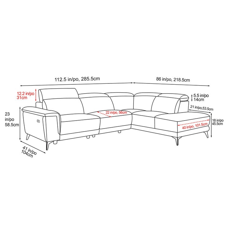 Valencia Pista Leather Reclining Sectional Lounge Right Chaise Grey