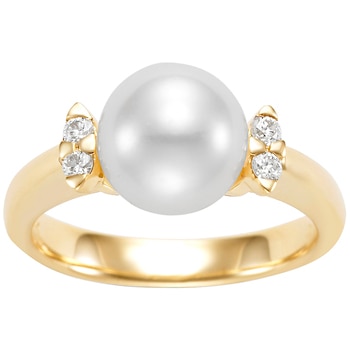 18KT Yellow Gold White Freshwater Pearl and Diamond Ring