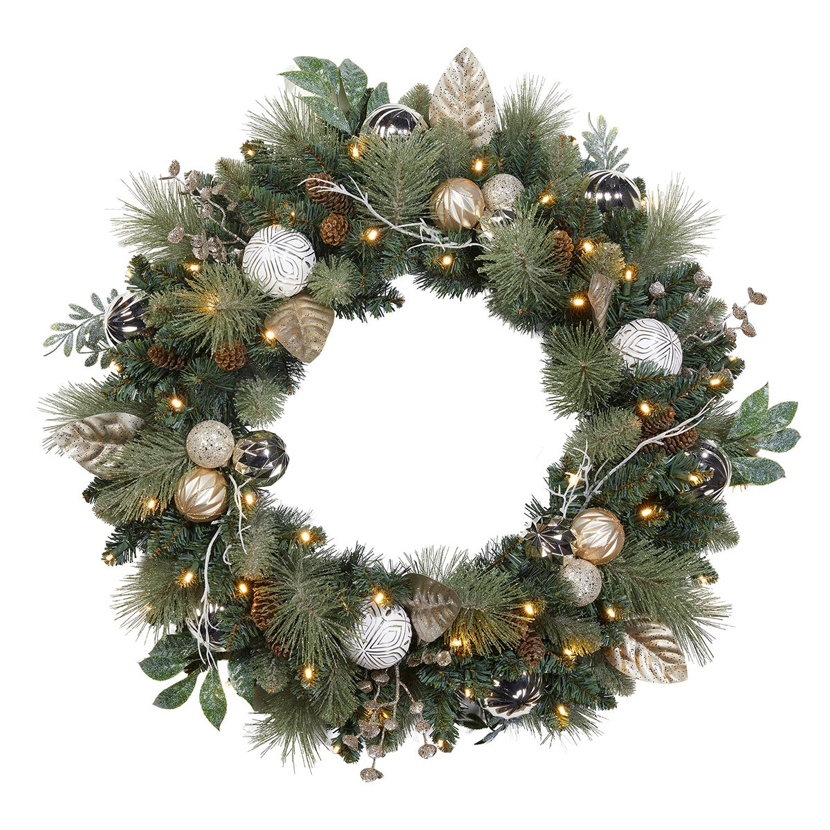 Pre-Lit Decorated Wreath White Gold 76.2 cm
