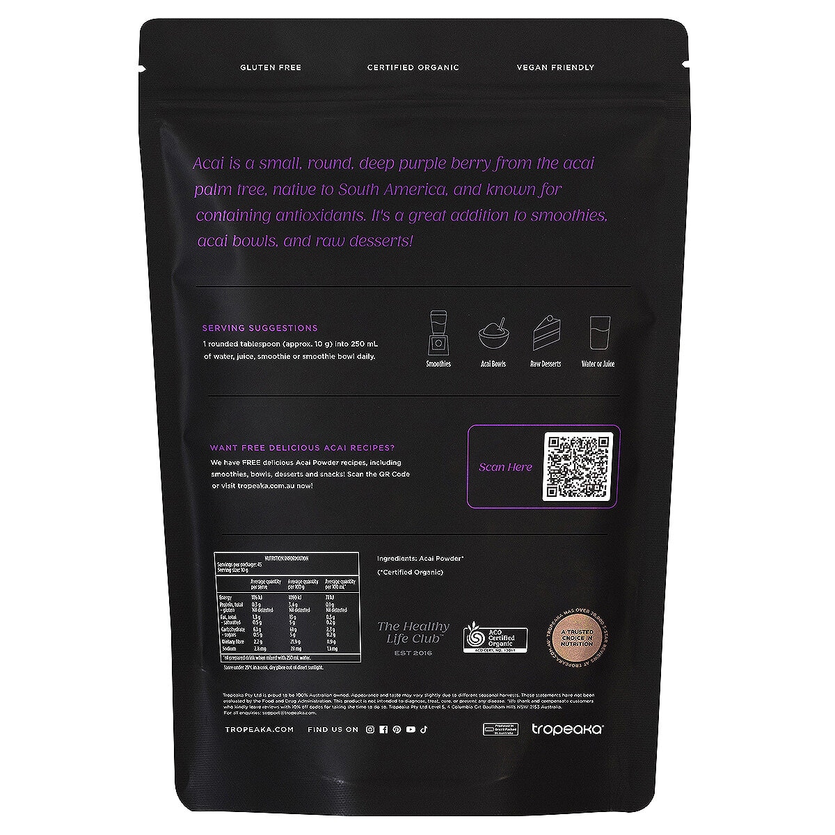 Tropeaka Organic Acai Powder 450g