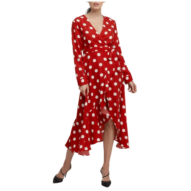 red and white wrap dress