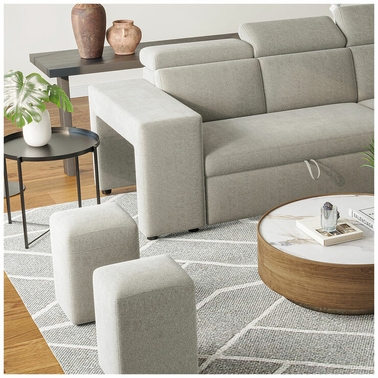 Valencia Finn Fabric Sectional Lounge Bed Right Storage Ottoman Light Grey