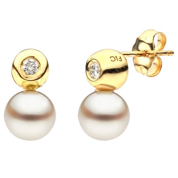 18KT Yellow Gold 8-8.5mm Cultured Freshwater Pearl 0.10ctw Diamond Earrings