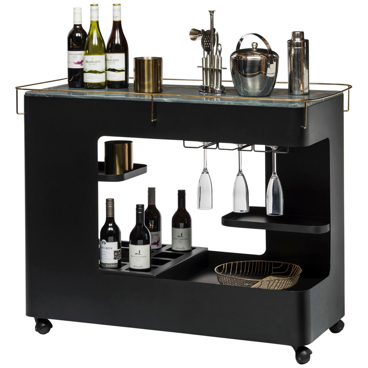 Wine Stash Black & Gold Bar Cart with Marble Top