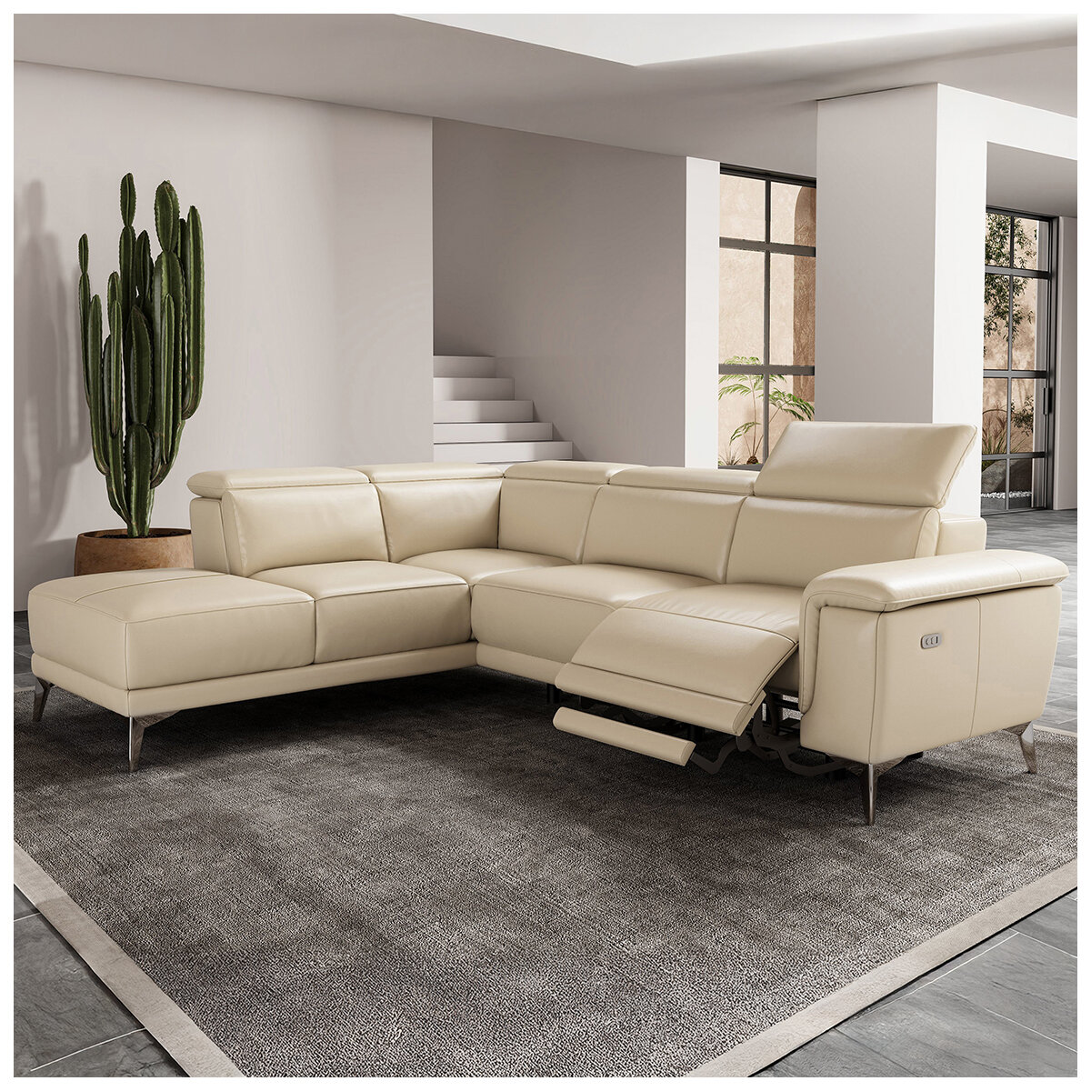 Valencia Pista Leather Reclining Sectional Lounge Left Chaise Beige Colour