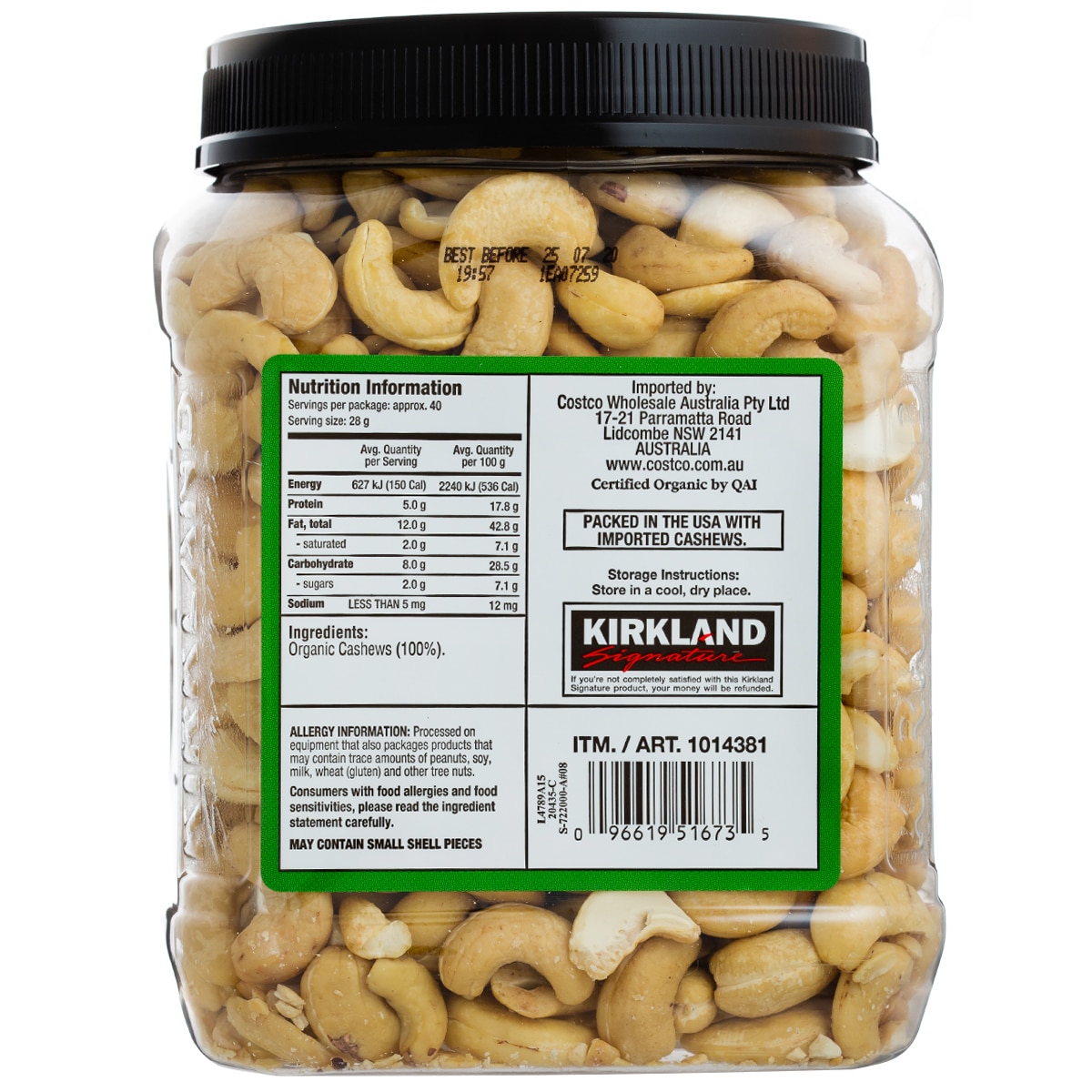 Kirkland Signature Organic Unsalted Cashews 2 x 1.13kg Costco Australia