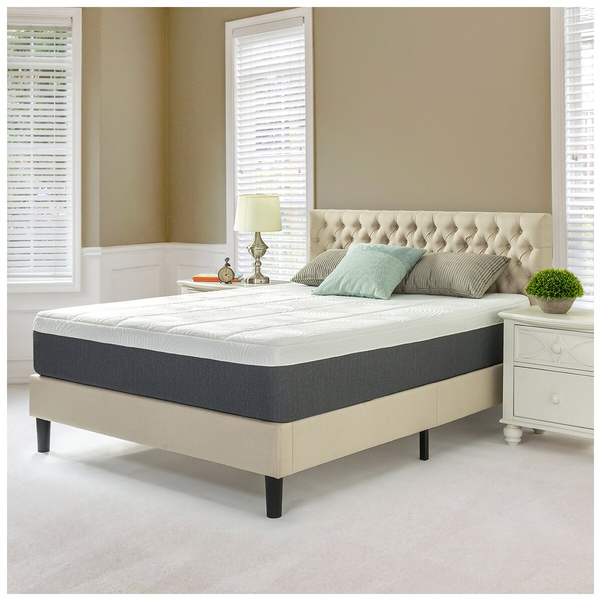 Upholstered Grand Button Tufted Platform Bed Beige Double (Zinus)