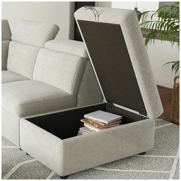Valencia Finn Fabric Sectional Lounge Bed Right Storage Ottoman Light Grey