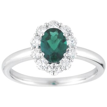 18KT White Gold 0.50ctw Round Diamond And Oval Lab Emerald Ring
