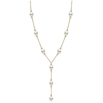 18KT Yellow Gold 8-9mm Oval Freshwater Pearl And Pyramid Beads Hanging Cable Chain Necklace