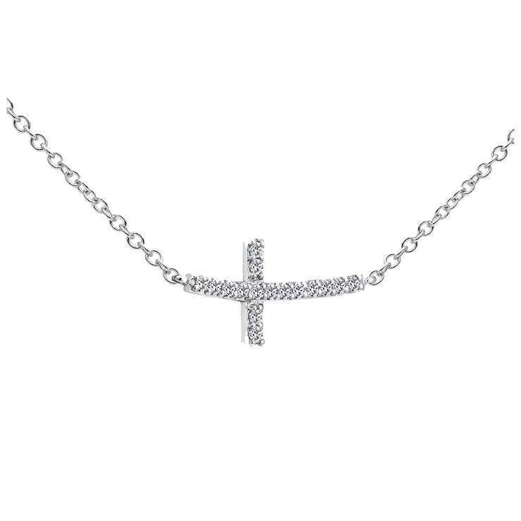 18KT White Gold 16 Round Diamond Horizontal Cross Necklace 0.13ctw