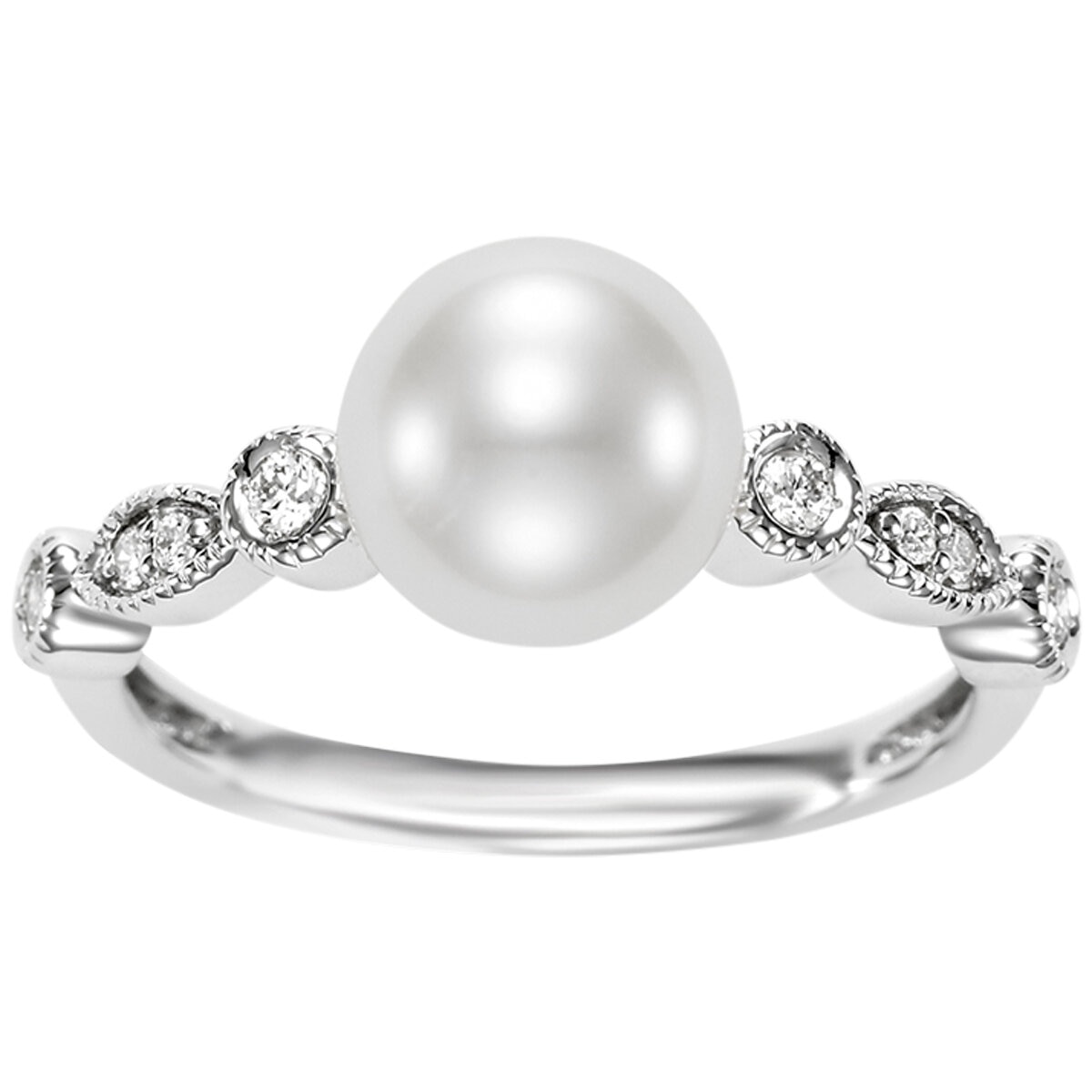 18KT White Gold 0.11CTW Diamond 8-8.5MM Freshwater Cultured Pearl Ring