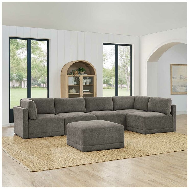 Thomasville 6PC Fabric Modular Sectional with Ottoman Grey