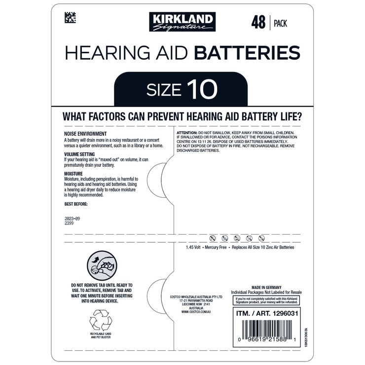 Kirkland Signature Hearing Aid Batteries Size 10 2 x 48pk Costco