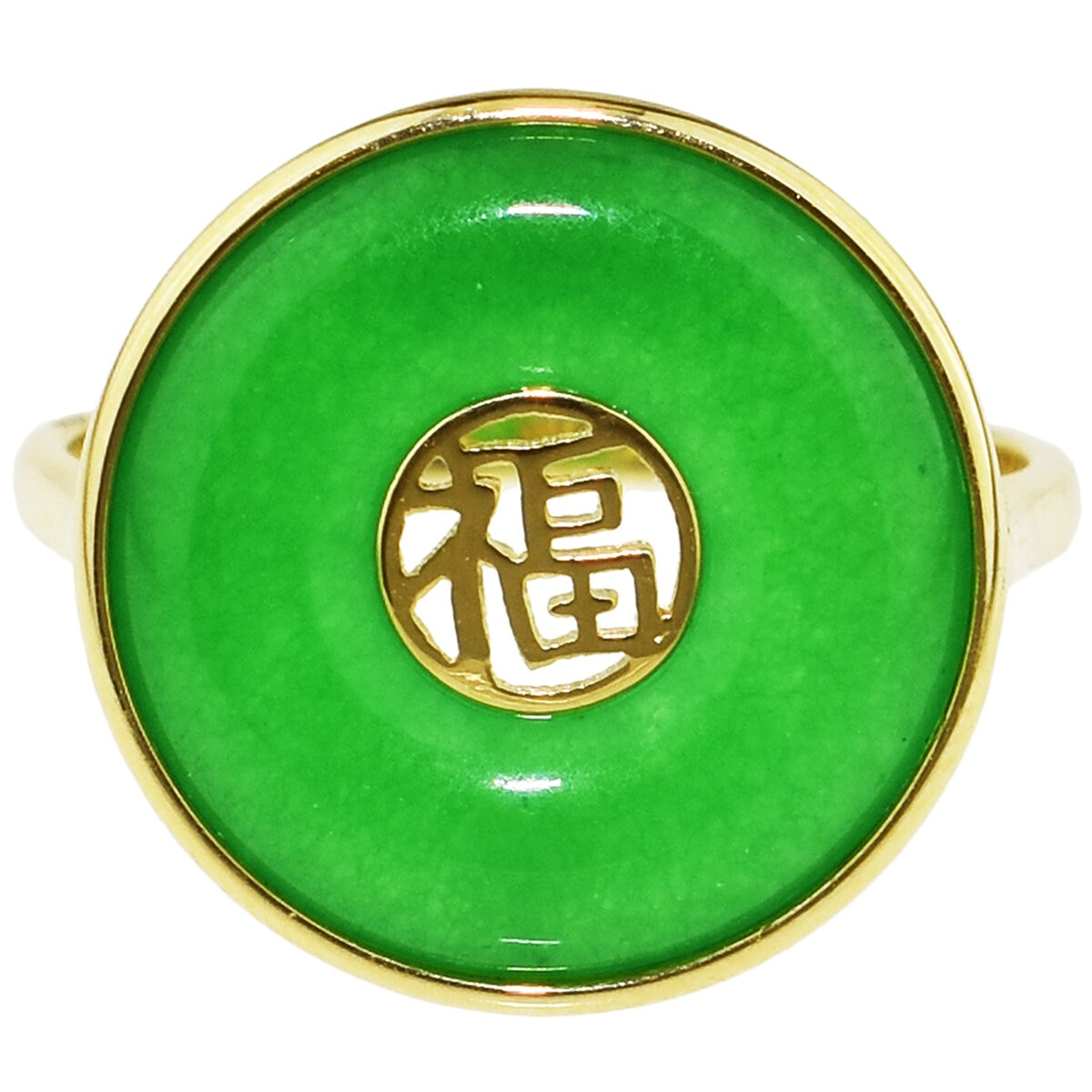 14KT Yellow Gold Dyed Green Jade Good Luck Ring 15mm