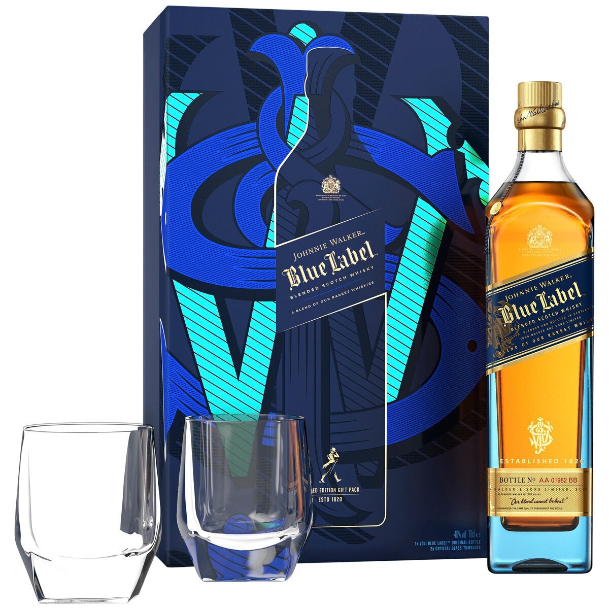 Johnnie Walker Blue Label Blended Scotch Whisky 700ml with 2 Crystal Glasses