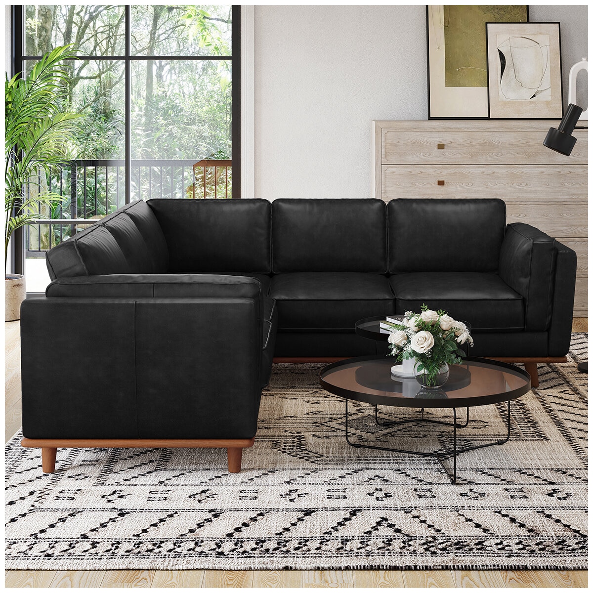 Valencia Artisan Top Grain Leather L-Shape Corner Sectional Lounge Black Color