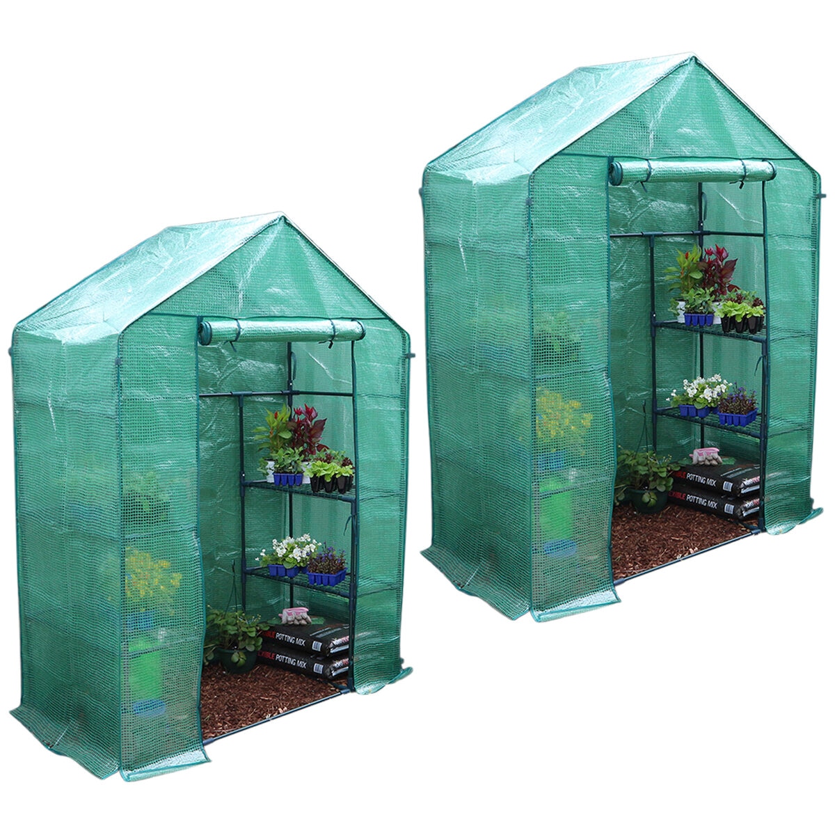 Greenlife Walk-in Greenhouse 2 Tier Twin Pack with PE Cover 195 x 143 x 73cm