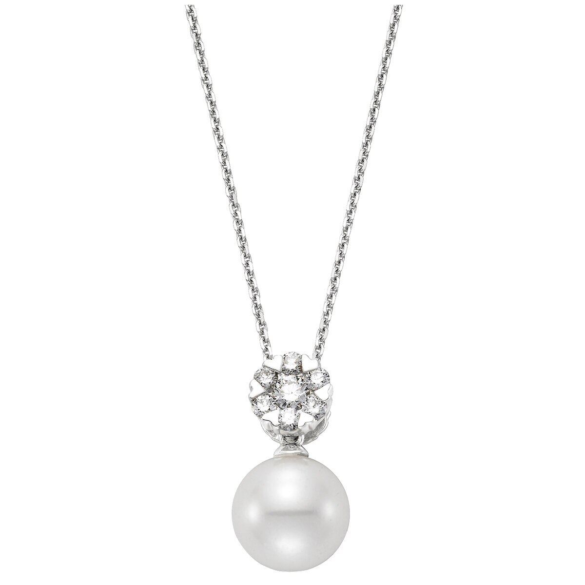 18KT White Gold Round Cultured Freshwater Pearl and Diamond Pendant