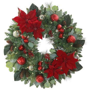 Pre-Lit Decorated Poinsettia Holiday Artificial Wreath 76.2cm