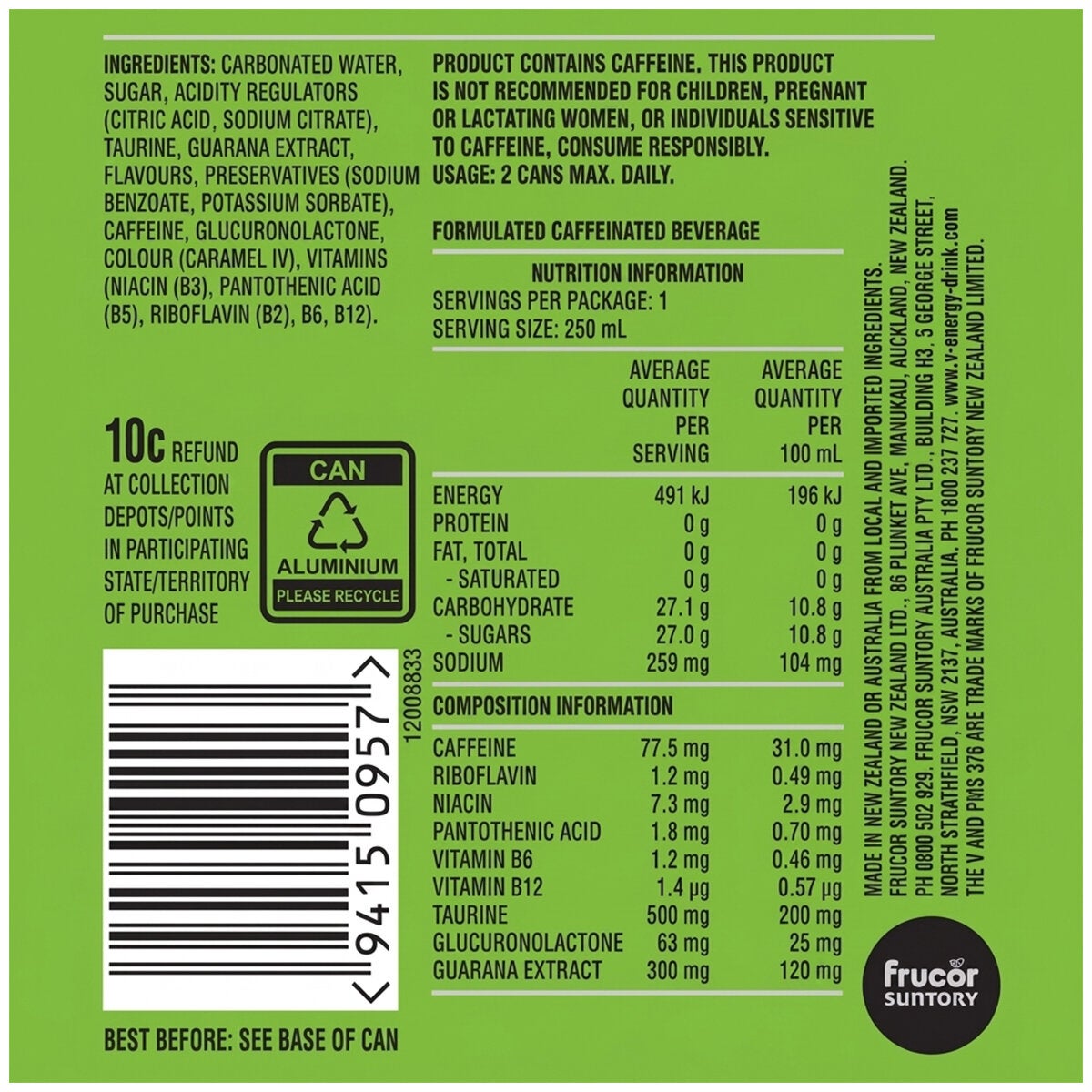 V Energy Drink Green 250ml x 24 Pack V Energy Drink Green 250ml x 24 Pack
