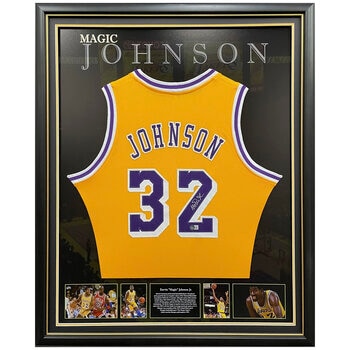 Magic Johnson Signed LA Lakers Yellow Jersey Framed