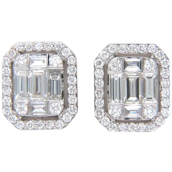 18KT White Gold 1.00ctw Round Brilliant and Baguette Diamond Earrings