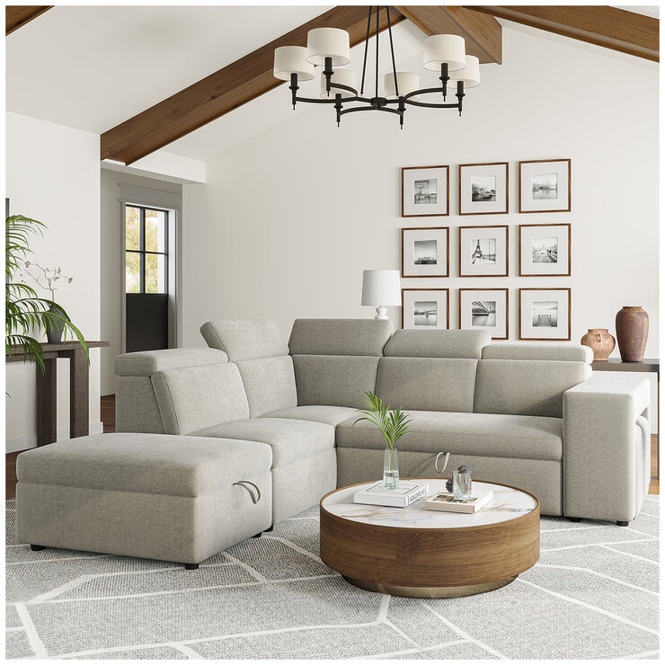 Valencia Finn Fabric Sectional Lounge Bed Left Storage Ottoman Light Grey