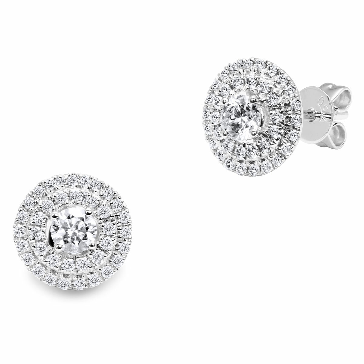 18KT White Gold VS2 I 0.60ctw Round Diamond Double Halo Earrings 18KT White Gold VS2 I 0.60ctw Round Diamond Double Halo Earrings