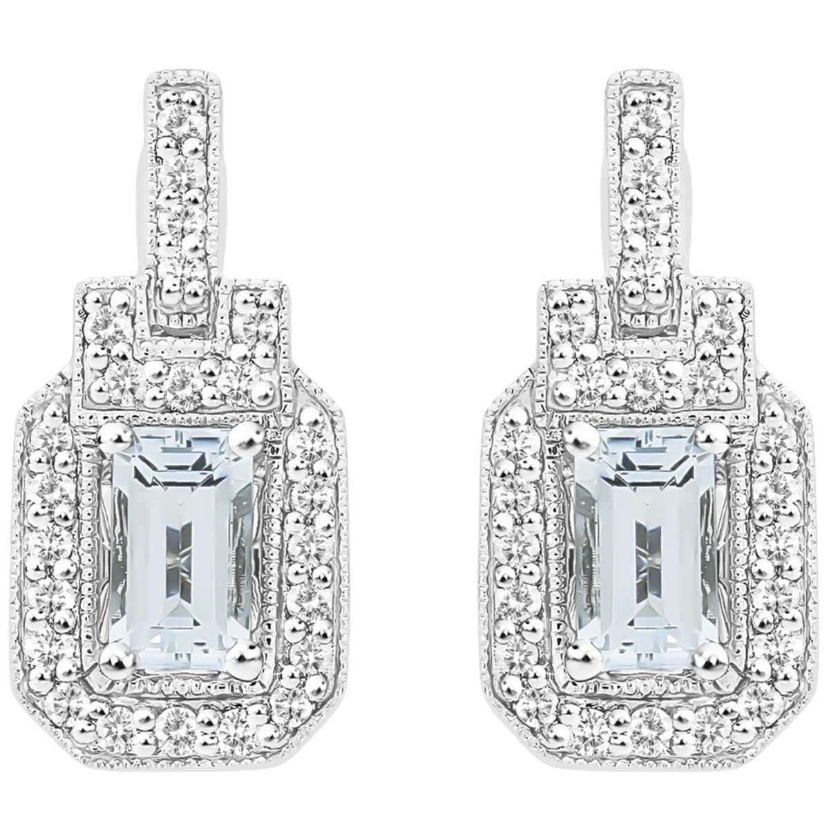 18KT White Gold 0.18ctw Diamond And Aquamarine Earrings