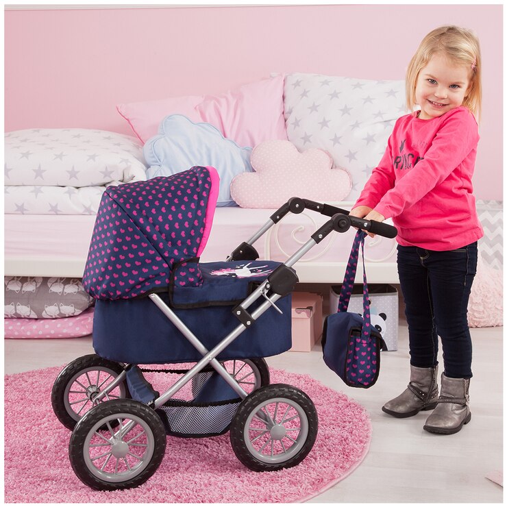 Bayer Bayer Trendy Doll Pram Dark Blue w/Pink Hearts & Unicorn Costco