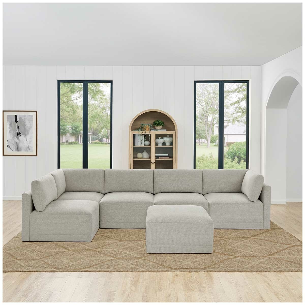 Thomasville 6PC Fabric Modular Sectional with Ottoman Light Grey