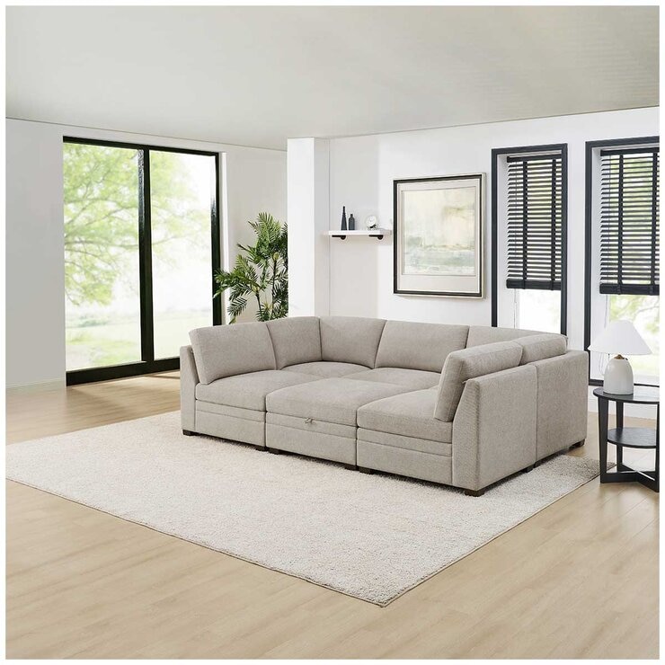 Thomasville 6 Piece Fabric Modular Sectional With Storage Ottoman