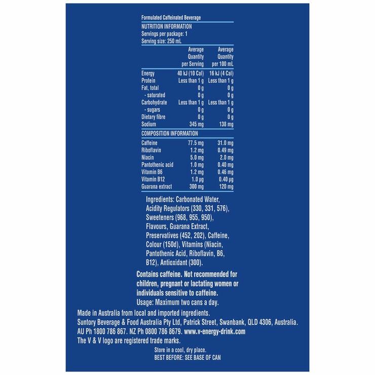 V Energy Drink Blue Zero Sugar 24 x 250mL V Energy Drink Blue Zero Sugar 24 x 250mL