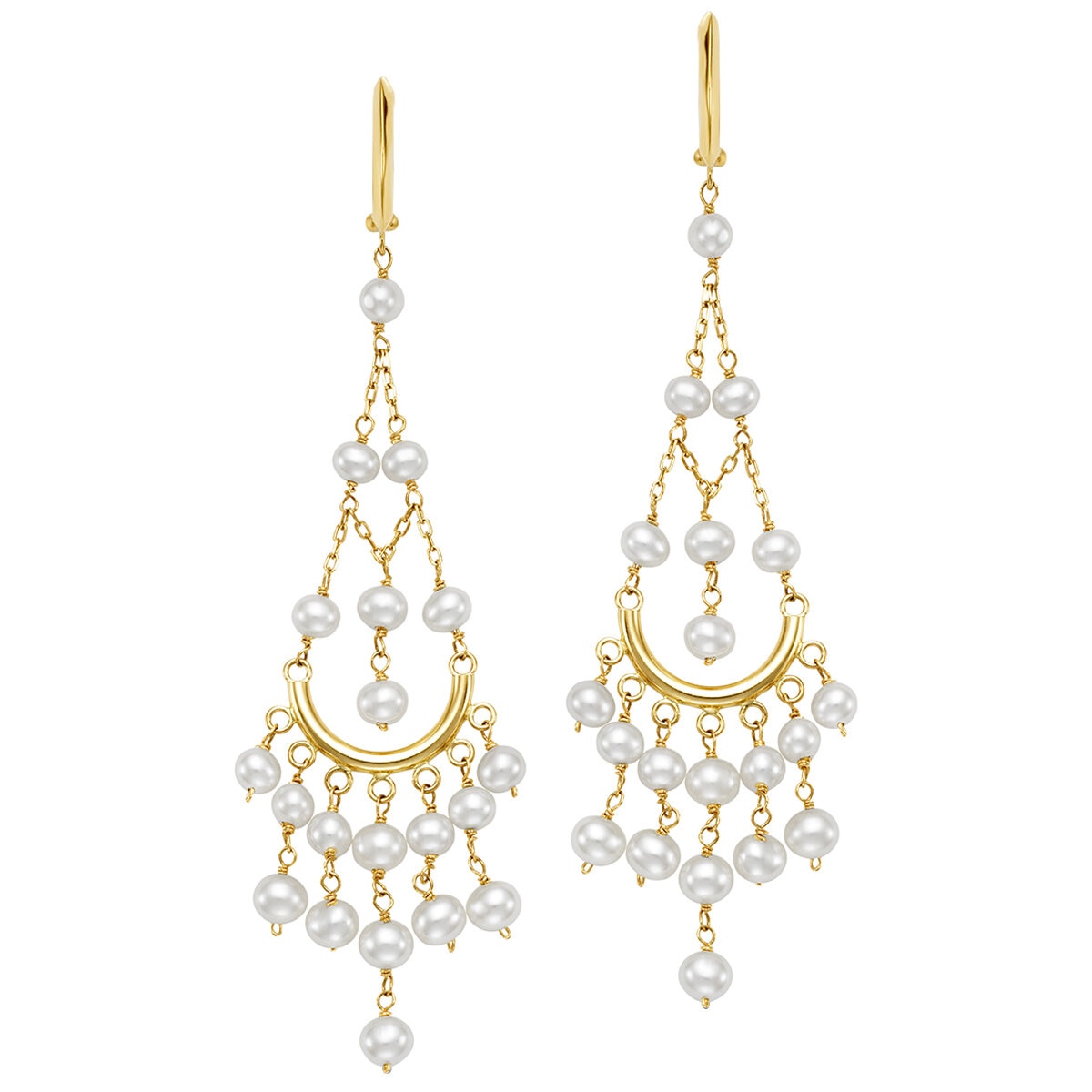 14KT Yellow Gold White Pearl Chandelier Hoop Earrings 3 - 4.5mm