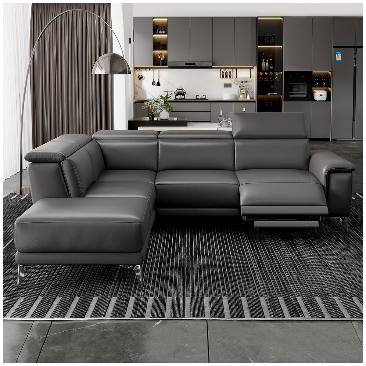 Valencia Pista Leather Reclining Sectional Lounge Left Chaise Grey