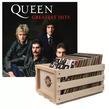 Crosley Record Storage Crate & Queen Greatest Hits, Double Vinyl Album Bundle