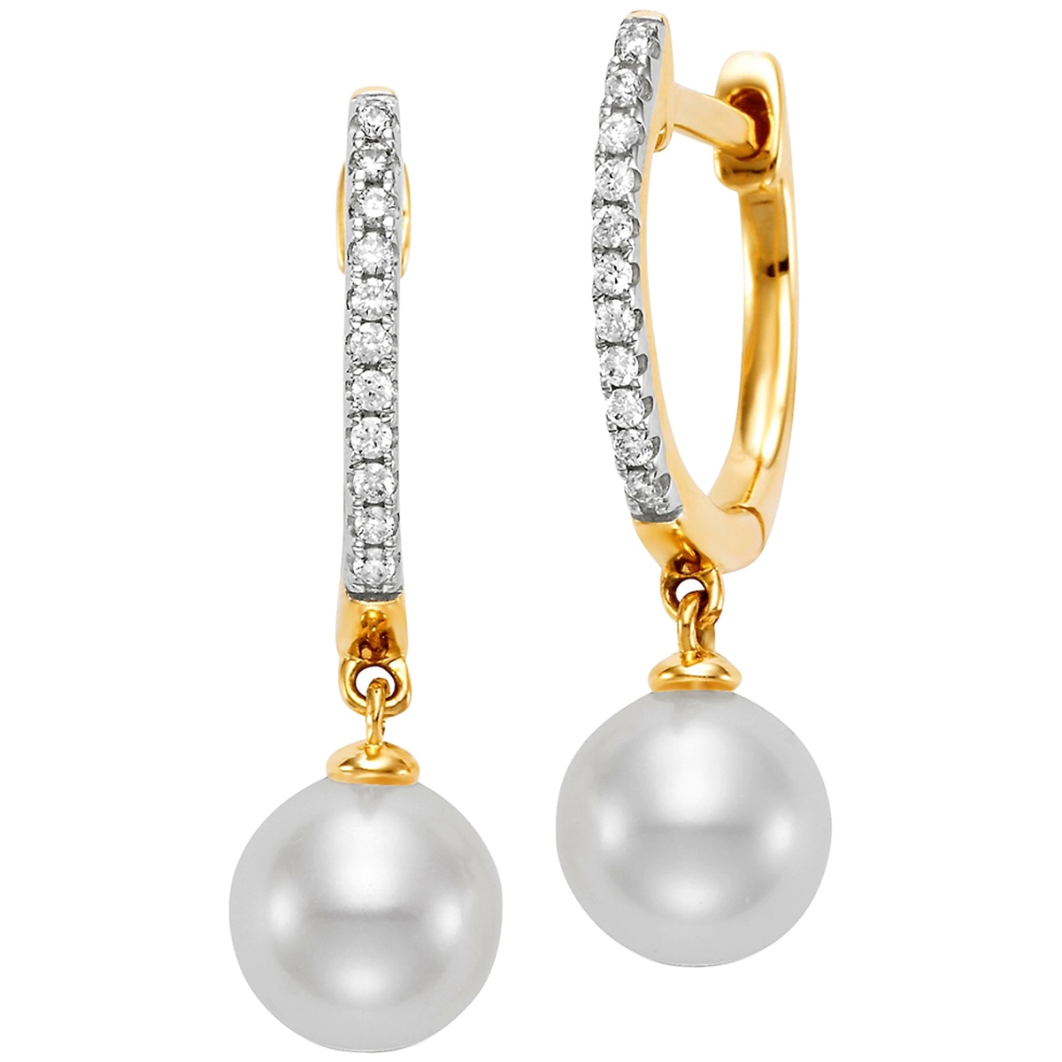 18KT Yellow Gold White Freshwater Pearl and Diamond Earrings