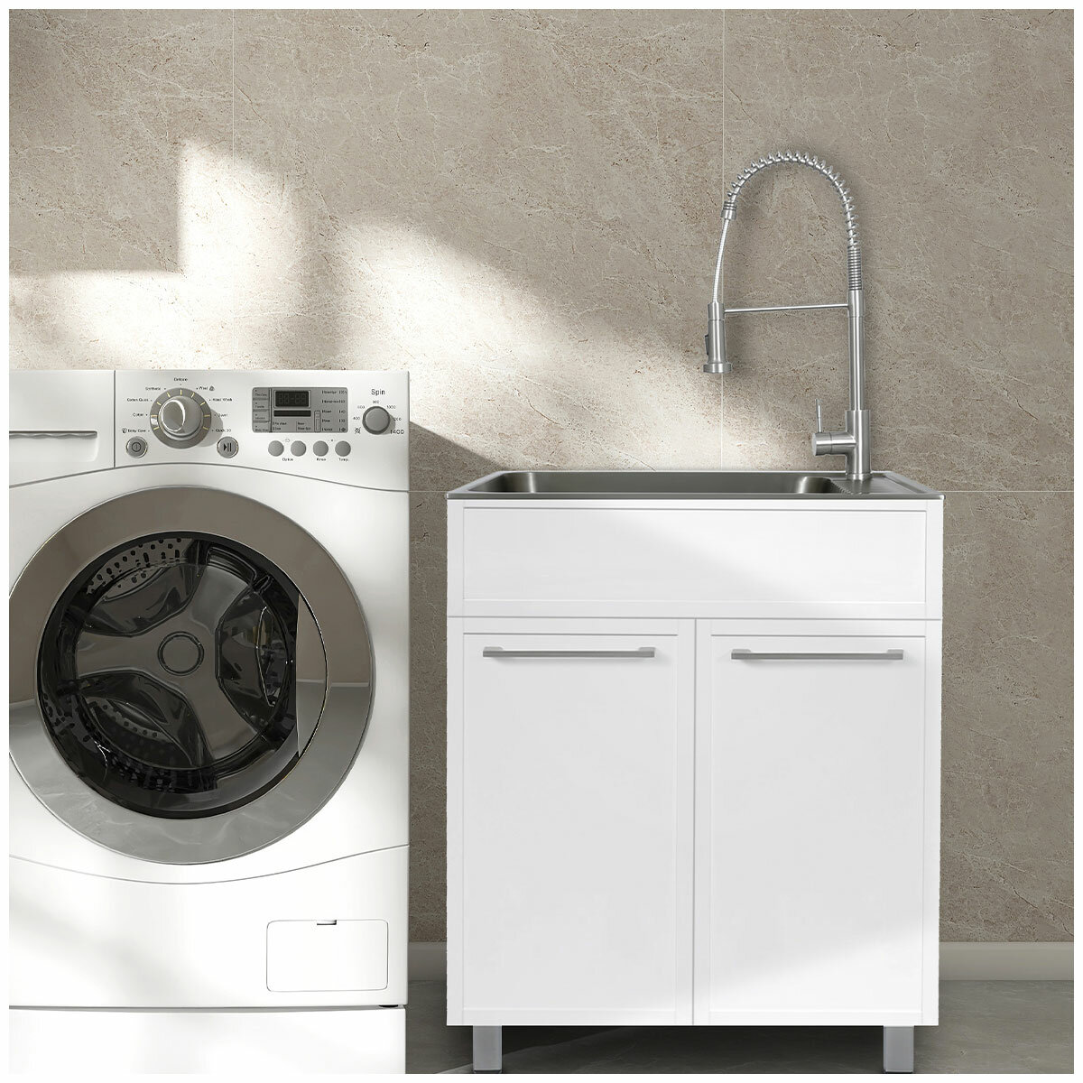 All in One 72cm Matte White Lacquered Laminate Slim Shaker Cabinet With Sink And Chef Faucet All in One 72cm Matte White Lacquered Laminate Slim Shaker Cabinet With Sink And Chef Faucet