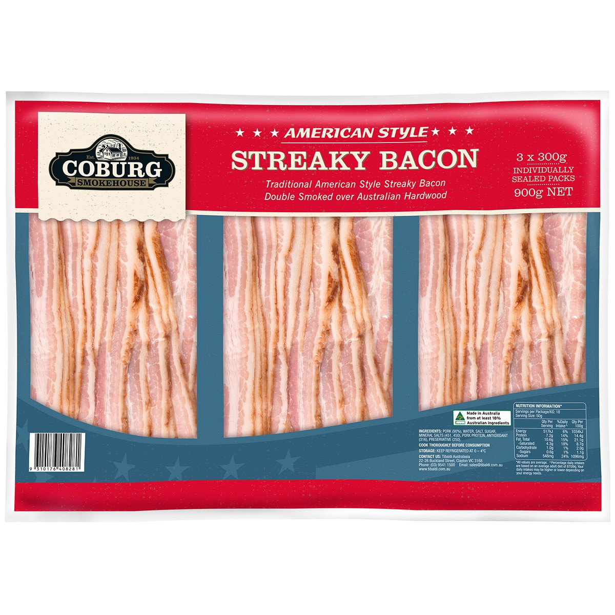 Coburg Streaky Bacon 3 x 300gm