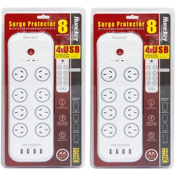 Huntkey Powerboard with 8 Sockets & 4 USB Ports Twin Pack